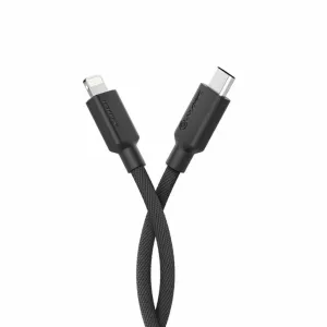 ALOGIC Elements PRO svart flettet USB-C-til-Lightning-kabel med ALOGIC-merkede kontakter på hvit bakgrunn