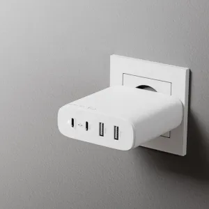 Chargeur ALOGIC Rapid Power 100 W GaN branché sur une prise murale, avec quatre ports USB en façade