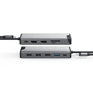 ALOGIC DV3 universaalne kolme ekraani toega USB-C jaotur kosmosehallis toonis, näha on HDMI-, USB-A-, USB-C- ja kaardipesad
