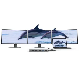 ALOGIC DV3 USB-C jaotur-dokkimisjaam kolme ekraani toega, näidatud koos kolme monitori ja sülearvutiga