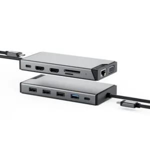 ALOGIC DV3 kolme ekraaniga USB-C-jaotur kosmosehallis toonis, HDMI-, Etherneti ja USB-A-portide ning kinnitatud kaabliga