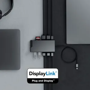 ALOGIC DV3 USB-C jaotur DisplayLinki logoga, ühendatud kaablite ja mälukaardipesaga kosmosehallis toonis.