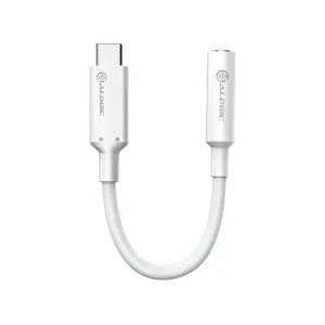 ALOGIC USB-C-auf-3,5-mm-Audioadapter mit geflochtenem Kabel und weißen Steckern auf schlichtem Hintergrund