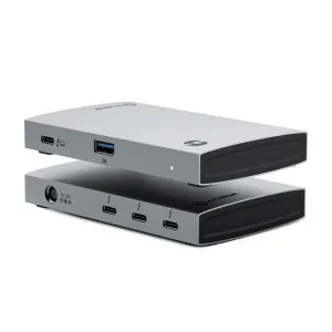 ALOGIC Thunderbolt 4 BLAZE kompaktiškas šakotuvas kosminės pilkos spalvos, pavaizduotas su USB-C, USB-A ir maitinimo prievadais