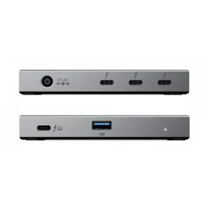 Sidabrinės spalvos kompaktiškas ALOGIC Thunderbolt 4 BLAZE šakotuvas, parodytas iš dviejų kampų, su USB-C, USB-A ir maitinimo prievadais