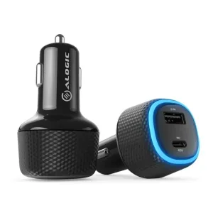 ALOGIC RAPID dubbel USB-C- och USB-A-billaddare för bärbar dator och telefon, svart med blå LED-ring