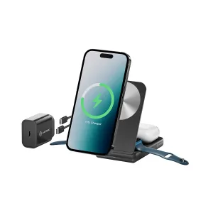 ALOGIC YOGA 3-in-1 wireless charging stand with iPhone, AirPods case and Apple Watch charger on a white background