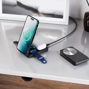 ALOGIC YOGA 3-in-1 wireless charging stand with phone, Apple Watch and earbuds case on desk