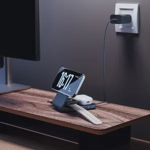ALOGIC YOGA 3-in-1 wireless charging stand with phone, Apple Watch and earbuds on a desk