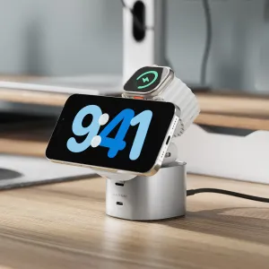 ALOGIC Fusion Pro GO USB-C-Dockingstation mit Smartphone-Ständer und Smartwatch auf einem Schreibtisch