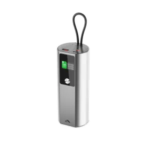 ALOGIC Ark Pro silverfärgad powerbank med display, handledsrem och portar på ovansidan för snabb laddning av bärbar dator och mobil