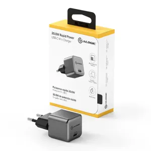 ALOGIC Rapid Power 20 W GaN-USB-C-Ladegerät, abgebildet mit Verkaufsverpackung, kompakter Wandadapter in Space Grau
