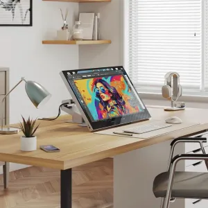 ALOGIC Aspekt 32-Zoll-4K-Touch-Monitor auf einem Tischständer, der ein farbenfrohes Porträt in einem Homeoffice zeigt