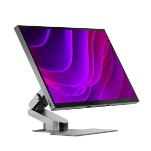 ALOGIC Aspekt Fold Stand mit 32-Zoll-Monitor in geneigter Desktop-Position und silbernem Aluminiumfuß