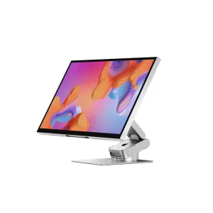 Alogic Mac mini-Ständer unter einem Monitor, silbernes, faltbares Design mit belüftetem Stauraum