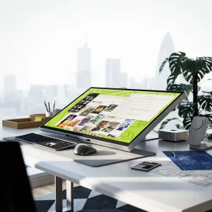 ALOGIC Aspekt 32-tuumainen näyttö taittuvalla jalustalla pystysuuntaisessa ergonomisessa asennossa modernilla toimistopöydällä