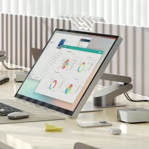 ALOGIC Aspekt Fold Stand für 32-Zoll-Displays, in aufrechter Position als silberne, angewinkelte Monitorstütze dargestellt.