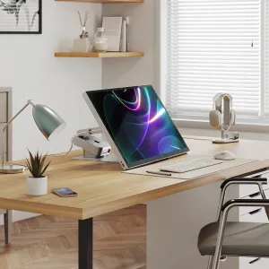 Alogic Omni Stand für Mac mini unter einem Display in einer aufgeräumten Homeoffice-Schreibtischeinrichtung