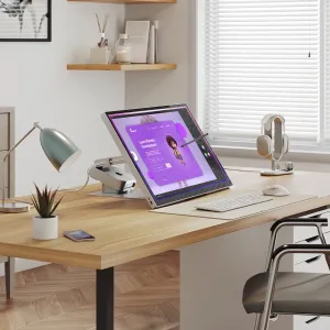 ALOGIC Omni Stand mit Mac mini unter einem Display in einer aufgeräumten Schreibtischumgebung, mit Darstellung des Designs des Ständers unter dem Display