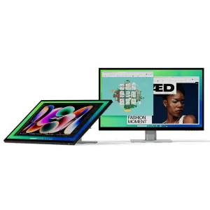ALOGIC Clarity 32-Zoll-6K-Touchscreen-Monitor aufrecht und auf einem Klappständer dargestellt, mit schmalen Displayrändern