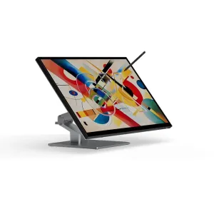 Alogic Clarity 32-Zoll-6K-Touchscreen-Monitor auf klappbarem Standfuß, mit Stylus, der den Bildschirm berührt