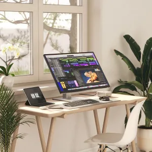 ALOGIC Clarity 32-Zoll-6K-Touchscreen-Monitor auf einem Homeoffice-Schreibtisch mit Standfuß und Eingabestift