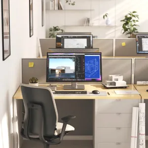 ALOGIC Clarity 32-Zoll-Touchscreen-Monitor auf einem Büroschreibtisch, der Designarbeit anzeigt, auf einem silbernen Standfuß.