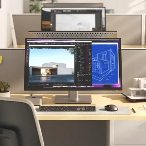 ALOGIC Clarity 32-Zoll-6K-Touchscreen-Monitor auf einem Klappständer, dargestellt in einer kreativen Büro-Schreibtischumgebung