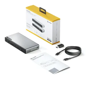 ALOGIC USB-C 16-ühes DV4 dokkimisjaam koos karbi, USB-C kaabli, adapteri ja juhendiga valgel taustal