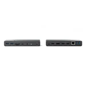 ALOGIC DV4 USB-C dokkimisjaam eest- ja tagantvaates HDMI-, Etherneti-, heli- ja USB-A-portidega