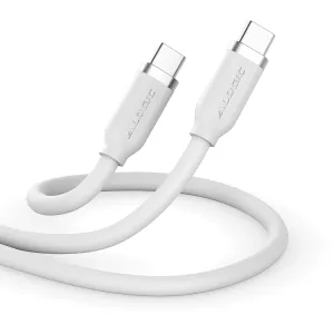 Câble USB-C vers USB-C ALOGIC Elements blanc avec logo en relief, enroulé sur un fond uni