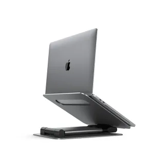 ALOGIC Elite Plus verstellbarer Laptopständer in Space Grau, der einen silbernen Laptop in einem ergonomischen Winkel hält.