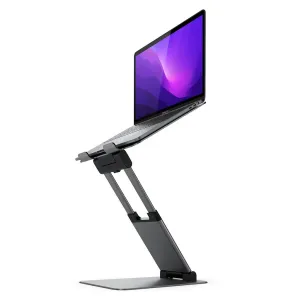 Verstellbarer ALOGIC Elite Plus-Laptopständer in Space-Grau, der einen geöffneten Laptop auf einer stabilen Basis trägt.