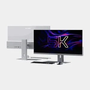ALOGIC Edge 5K 40-tommers ultrabred skærm i sølv, vist forfra og bagfra med smal ramme og fod.