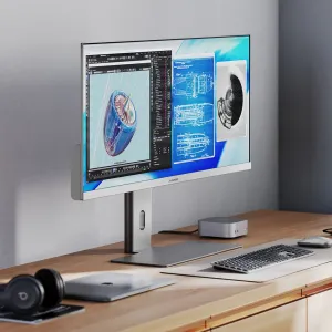 ALOGIC Edge 5K -ultralaajakuvanäyttö jalustalla, jossa on minimalistinen hopeanvärinen muotoilu työpöytäympäristöön