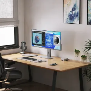 ALOGIC Edge 5K 40-tuumainen ultralaajanäyttö hopeanvärisellä jalustalla modernissa kotitoimiston työtilassa