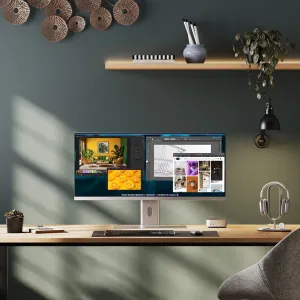 ALOGIC Edge 5K 40-tuumainen ultralaajakuvanäyttö työpöydällä modernissa kotitoimistoasetelmassa