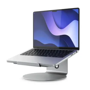 ALOGIC Elite 360 Laptop-Drehständer mit drehbarer Basis, mit einem silbernen Laptop in einem aufgeräumten Studio-Setup.