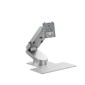 ALOGIC Aspekt Fold Stand, hopeanvärinen näyttötuki kulmavarrella, kiinnityslevyllä ja litteällä jalustalla.