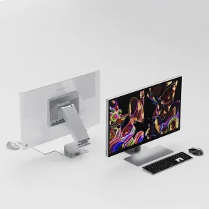 ALOGIC Aspekt 32 tuuman Fold Stand kuvattuna näytön, näppäimistön ja hiiren kanssa pysty- ja taittoasennossa