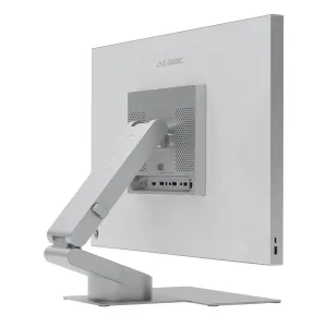 ALOGIC Aspekt Fold Stand hopeisena, takanäkymä, jossa näyttö on kiinnitetty ergonomiseen pöytätelineeseen