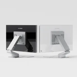 Alogic Aspekt Fold Stand -näyttöteline takaapäin kuvattuna mustana ja hopeisena valkoisella studiotaustalla