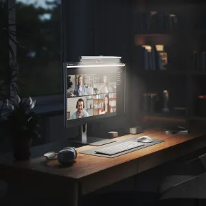 ALOGIC Illuminate Lichtleiste mit Kamera, an einem Monitor montiert, für die Einrichtung von Videomeetings
