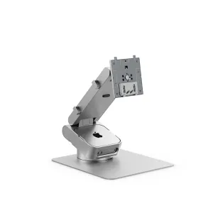 Alogic Omni Stand klappbarer Mac mini-Ständer in Silber, mit verstellbarem Arm und Sockel zur Aufbewahrung unter dem Display.