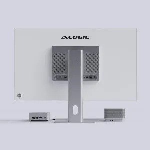 Alogic Aspekt 32-Zoll-Monitorständer von hinten mit montiertem Display in einem Desktop-Setup