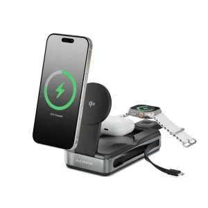 ALOGIC Roam kabellose Lade-Powerbank mit Smartphone, Smartwatch und Ohrhörern auf einer schwarz-silbernen Basis