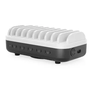 ALOGIC USB-C-laddningsstation för skrivbord med 10 fack och synliga USB-C-portar i grått och vitt