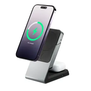 ALOGIC Matrix 2-i-1 MagSafe-skrivbordsladdare med ansluten smarttelefon och AirPods-fodral på basen