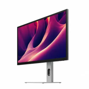 ALOGIC Clarity Pro Touch 27-tuumainen 4K-näyttö ohuella kehyksellä, hopeanvärisellä jalustalla ja värikkäällä abstraktilla kuvalla