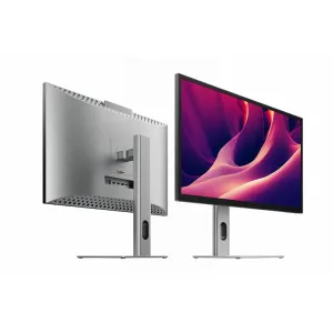 Alogic Clarity Pro Touch 27 tuuman 4K-näyttö kuvattuna edestä ja takaa, ohuella kehyksellä ja säädettävällä jalustalla
